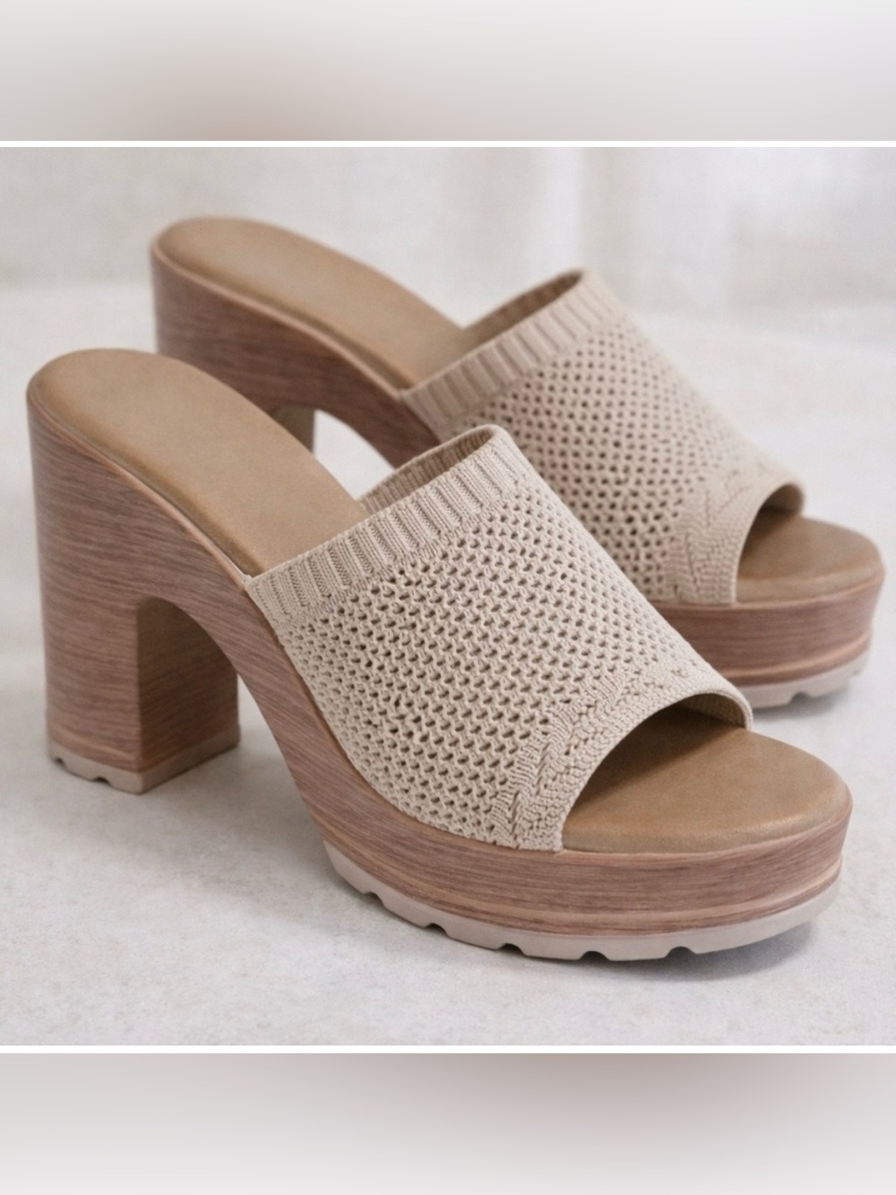 Beige Knit Platform Mule Heels - Women Casual Summer Resort Office Shoes - Picture 2 of 10